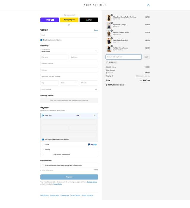 Skies Are Blue checkout page showing Skies Are Blue discount code box | Screenshot taken by SimplyCodes community member on Mar 18, 2025