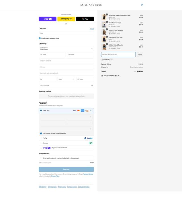 Skies Are Blue checkout page showing Skies Are Blue discount code box | Screenshot taken by SimplyCodes community member on Mar 18, 2025