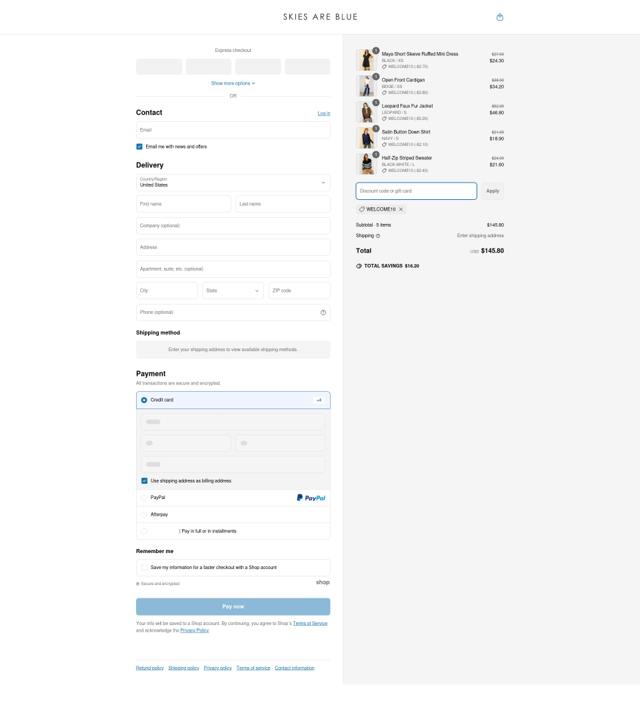 Skies Are Blue checkout page showing Skies Are Blue discount code box | Screenshot taken by SimplyCodes community member on Mar 18, 2025