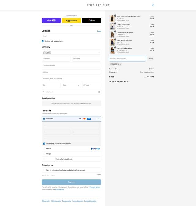 Skies Are Blue checkout page showing Skies Are Blue discount code box | Screenshot taken by SimplyCodes community member on Mar 18, 2025