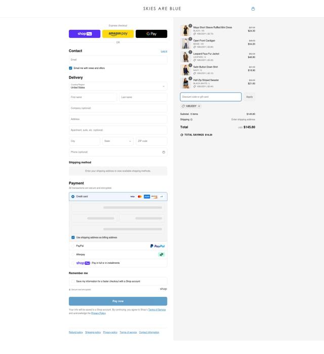 Skies Are Blue checkout page showing Skies Are Blue discount code box | Screenshot taken by SimplyCodes community member on Mar 18, 2025