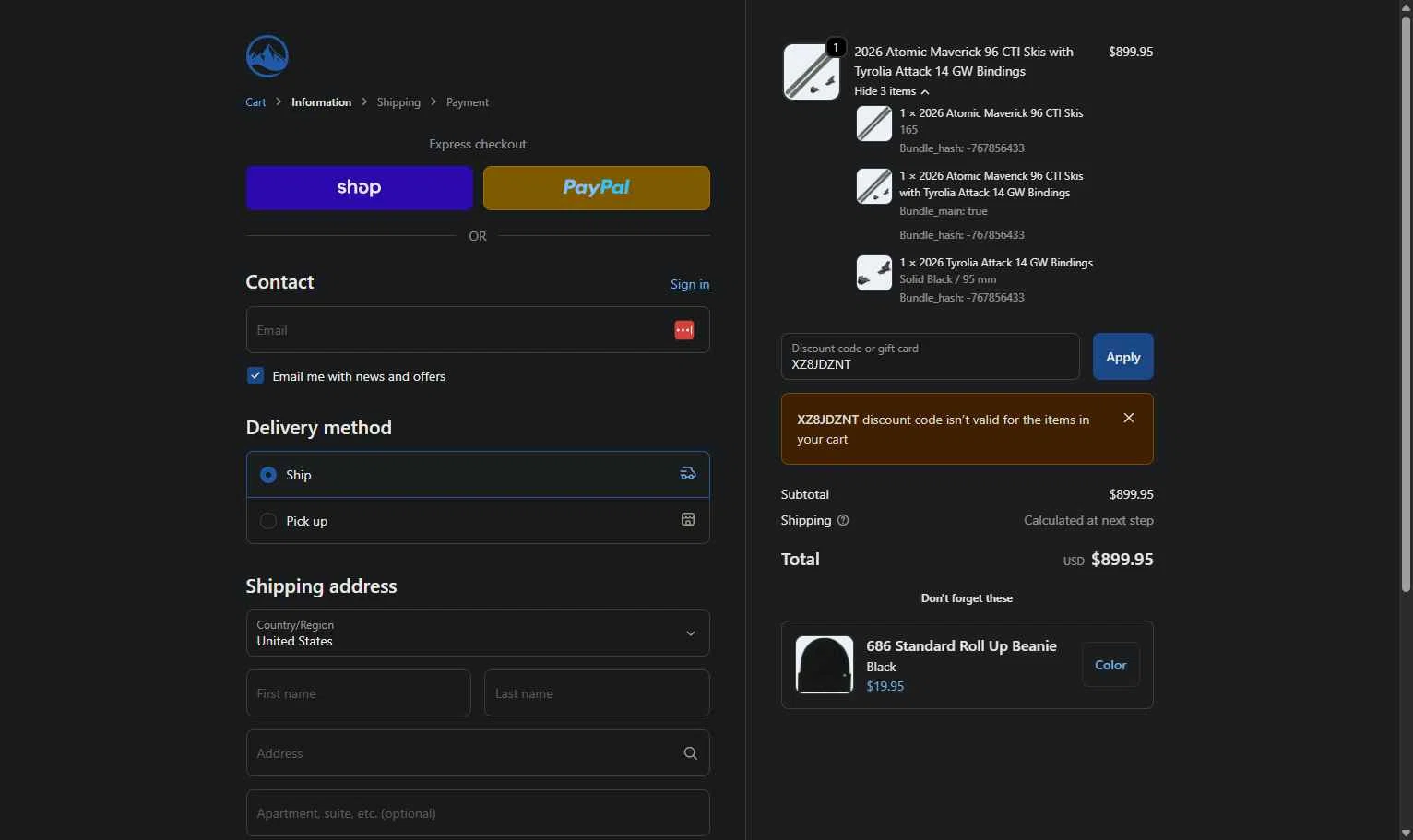 Skiessentials.com checkout page showing Skiessentials.com discount code box | Screenshot taken by SimplyCodes community member on Dec 2, 2025