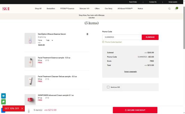 SK-II checkout page showing SK-II promo code box | Screenshot taken by SimplyCodes community member on Jul 12, 2025