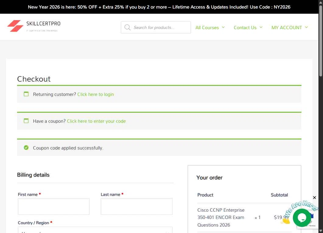 SkillCertPro checkout page showing SkillCertPro discount code box | Screenshot taken by SimplyCodes community member on Jan 24, 2026