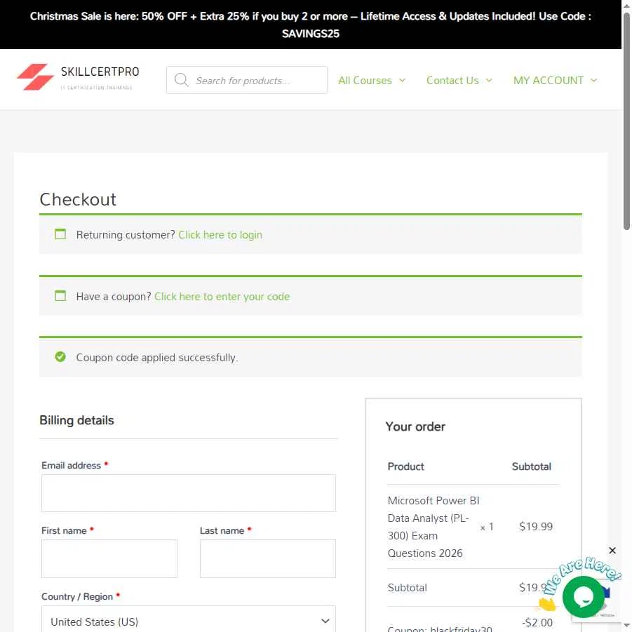 SkillCertPro checkout page showing SkillCertPro discount code box | Screenshot taken by SimplyCodes community member on Dec 22, 2025