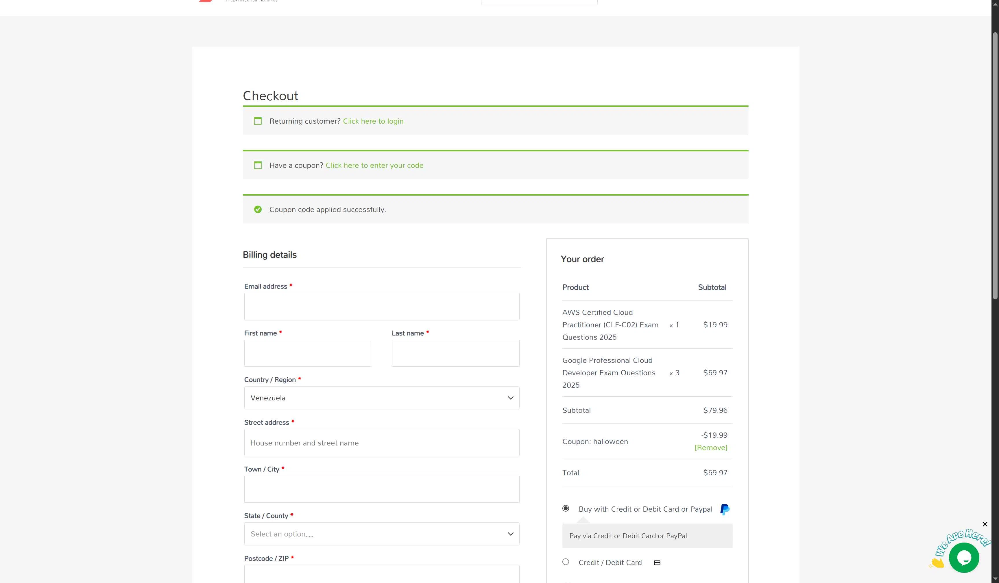 SkillCertPro checkout page showing SkillCertPro discount code box | Screenshot taken by SimplyCodes community member on Dec 20, 2025
