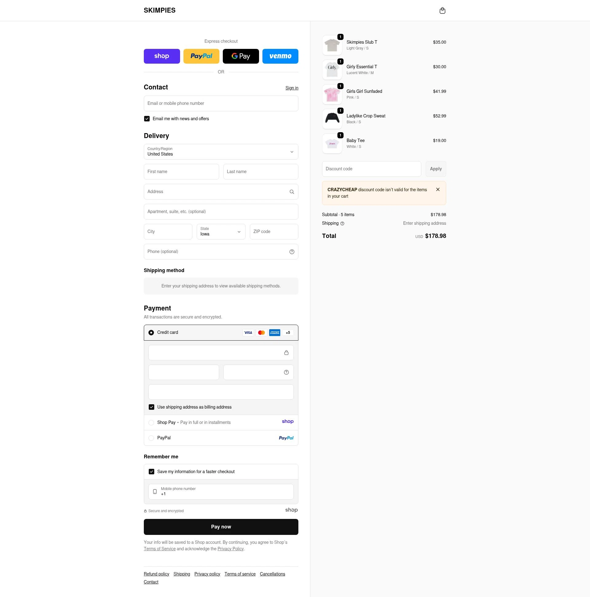 Skimpies checkout page showing Skimpies promo code box | Screenshot taken by SimplyCodes community member on Dec 28, 2025