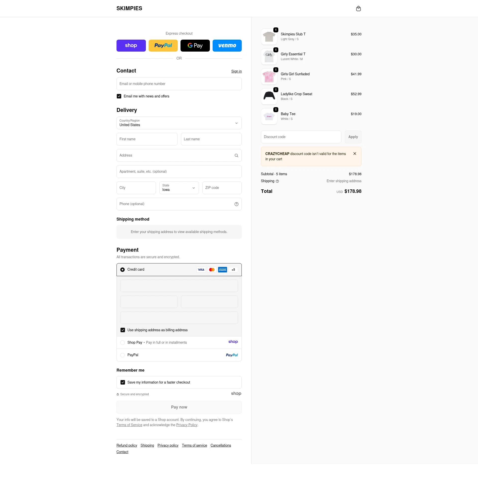 Skimpies checkout page showing Skimpies promo code box | Screenshot taken by SimplyCodes community member on Jan 2, 2026