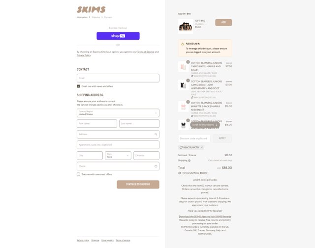 SKIMS checkout page showing SKIMS discount code box | Screenshot taken by SimplyCodes community member on Aug 28, 2025