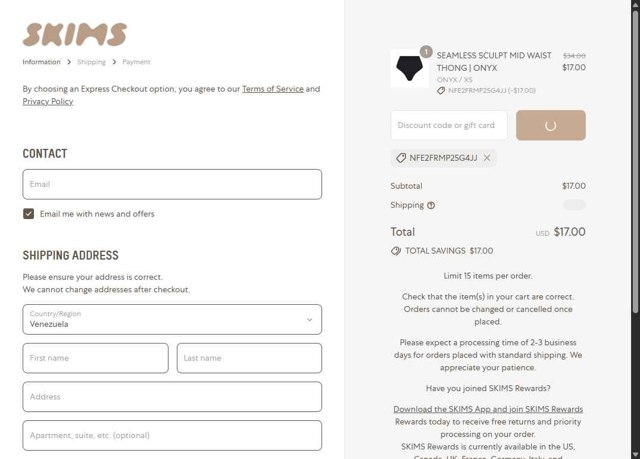SKIMS checkout page showing SKIMS discount code box | Screenshot taken by SimplyCodes community member on Aug 27, 2025