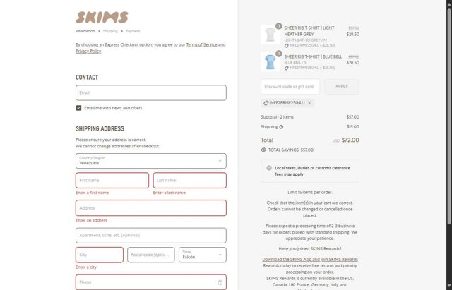 SKIMS checkout page showing SKIMS discount code box | Screenshot taken by SimplyCodes community member on Aug 24, 2025