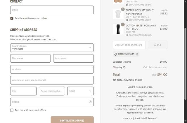 SKIMS checkout page showing SKIMS discount code box | Screenshot taken by SimplyCodes community member on Aug 26, 2025
