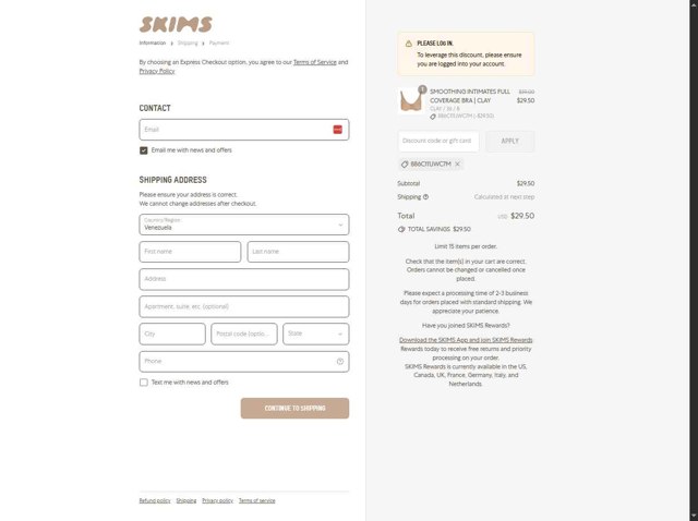 SKIMS checkout page showing SKIMS discount code box | Screenshot taken by SimplyCodes community member on Aug 23, 2025