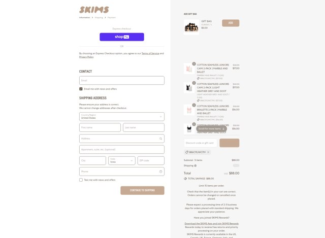 SKIMS checkout page showing SKIMS discount code box | Screenshot taken by SimplyCodes community member on Aug 25, 2025