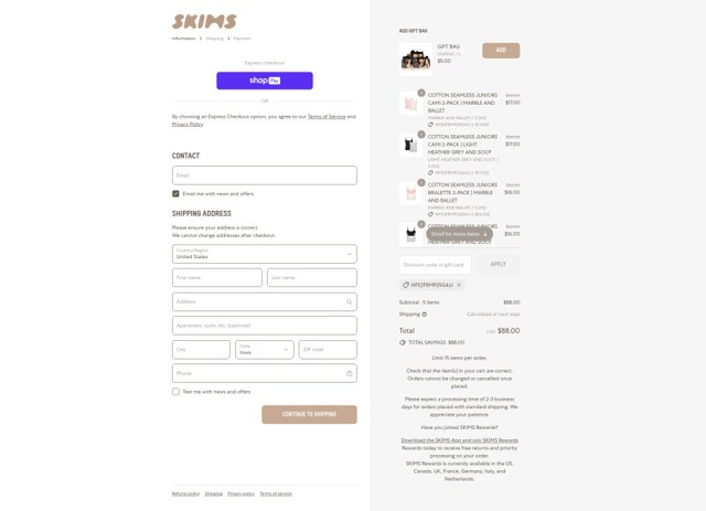 SKIMS checkout page showing SKIMS discount code box | Screenshot taken by SimplyCodes community member on Aug 27, 2025