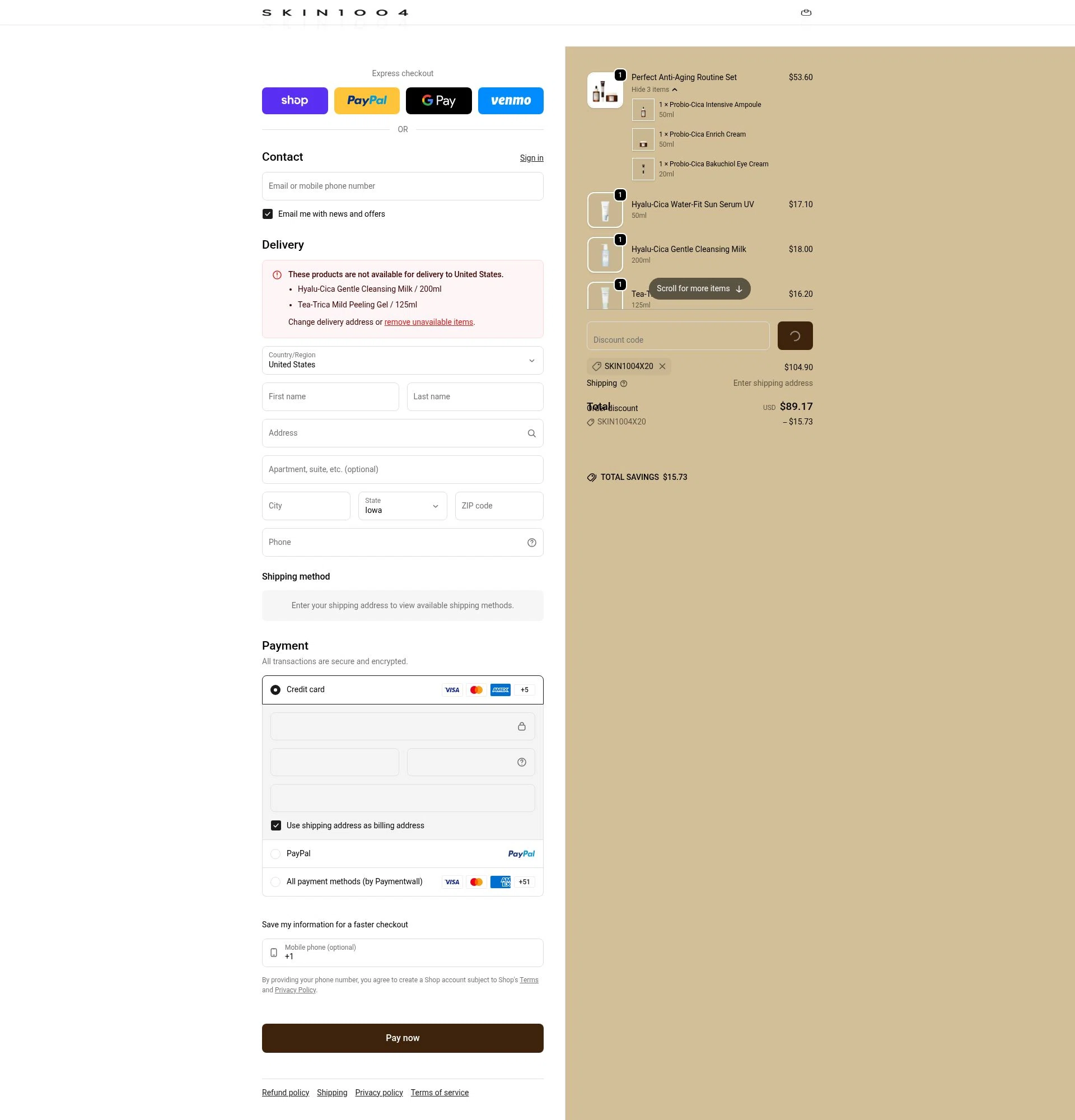 SKIN1004 checkout page showing SKIN1004 discount code box | Screenshot taken by SimplyCodes community member on Feb 16, 2026