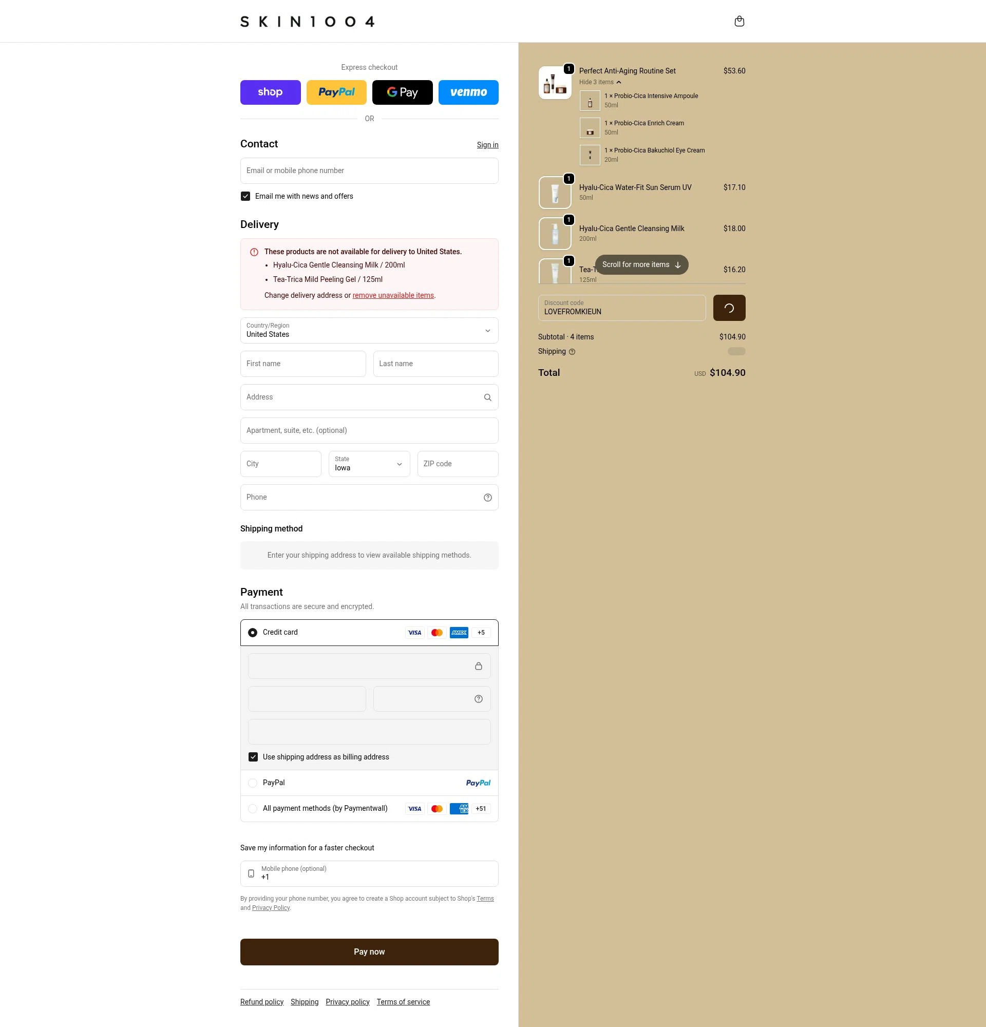 SKIN1004 checkout page showing SKIN1004 discount code box | Screenshot taken by SimplyCodes community member on Feb 16, 2026