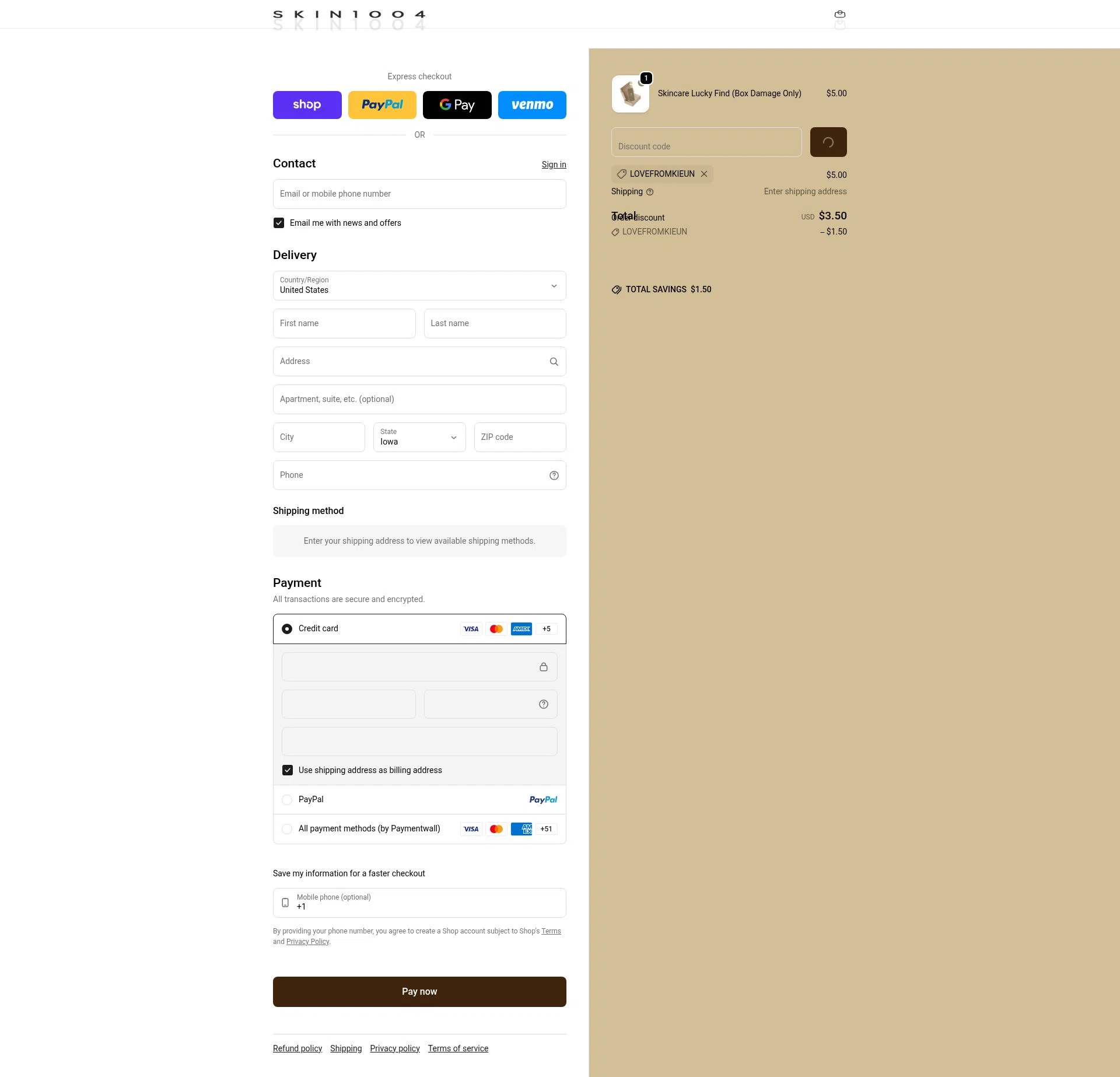 SKIN1004 checkout page showing SKIN1004 discount code box | Screenshot taken by SimplyCodes community member on Feb 20, 2026