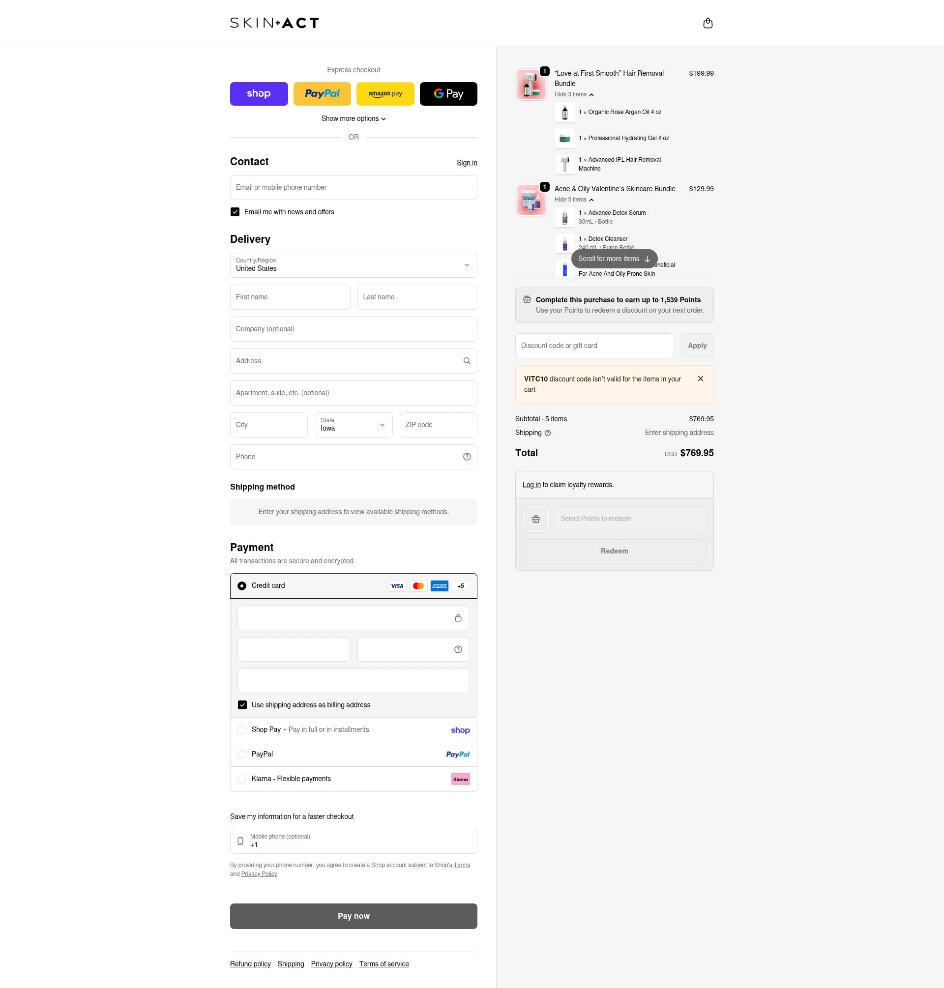 SkinAct checkout page showing SkinAct discount code box | Screenshot taken by SimplyCodes community member on Feb 9, 2026