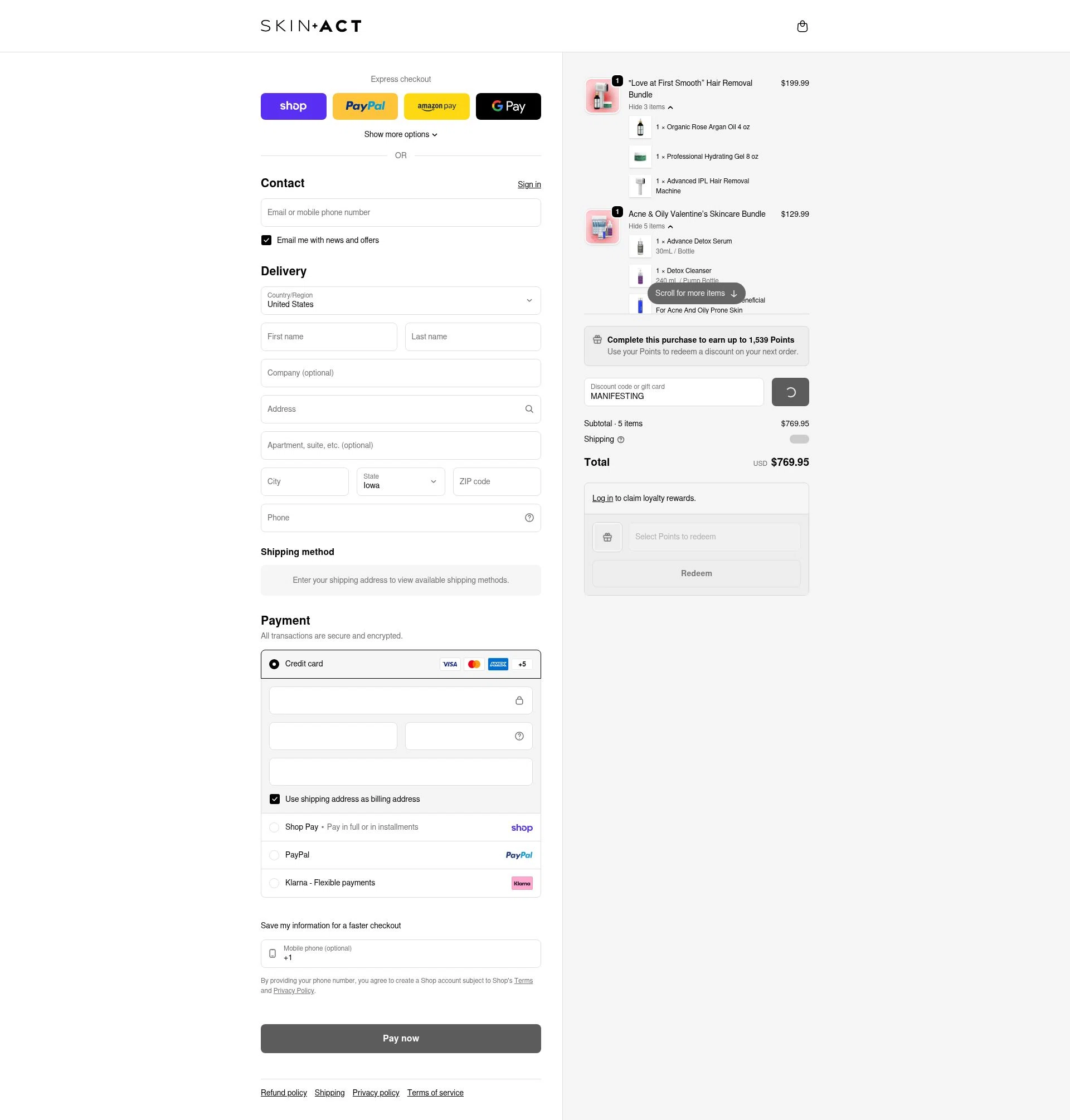 SkinAct checkout page showing SkinAct discount code box | Screenshot taken by SimplyCodes community member on Feb 9, 2026