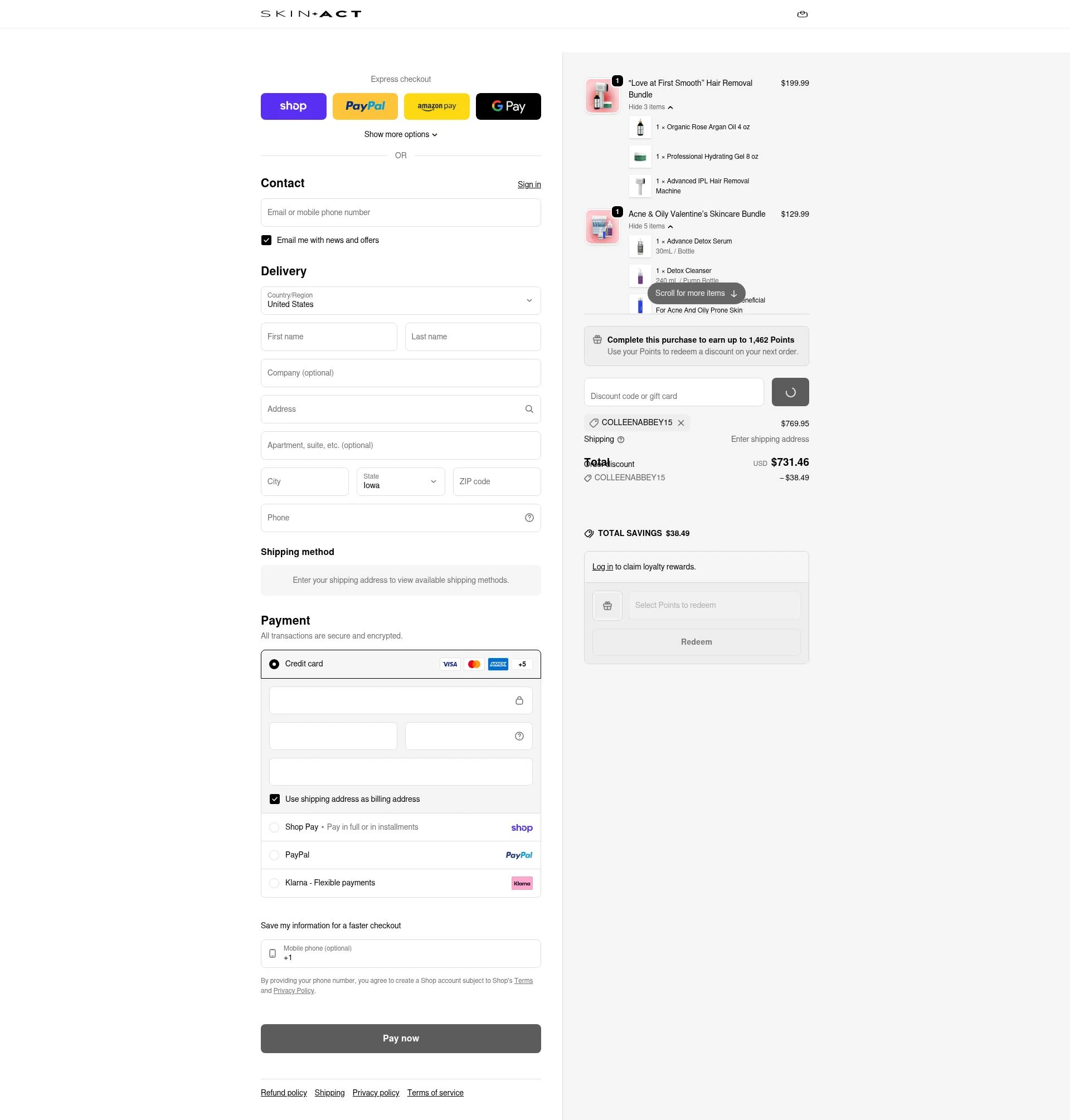 SkinAct checkout page showing SkinAct discount code box | Screenshot taken by SimplyCodes community member on Feb 9, 2026