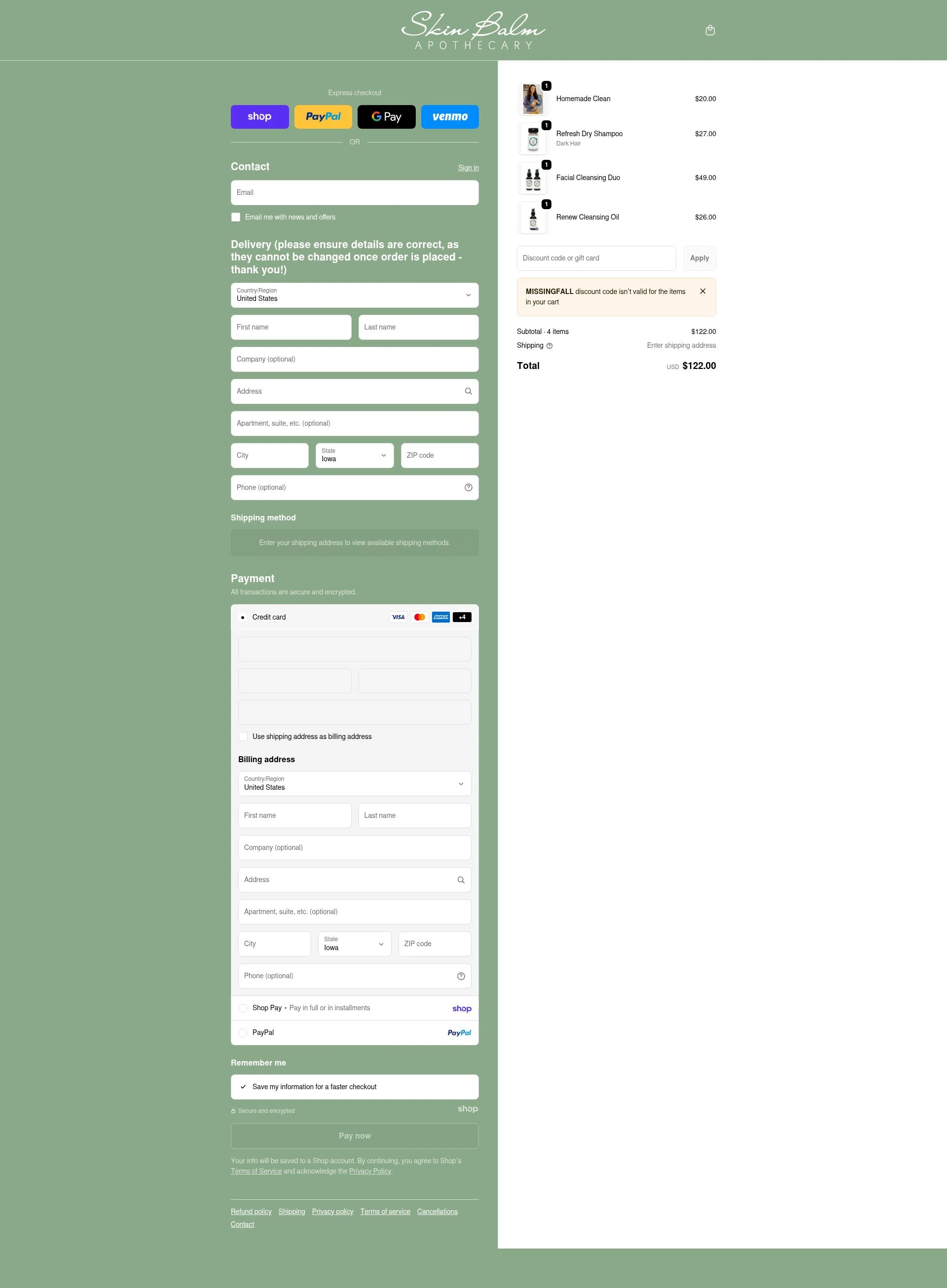 Skin Balm Apothecary checkout page showing Skin Balm Apothecary discount code box | Screenshot taken by SimplyCodes community member on Jan 21, 2026