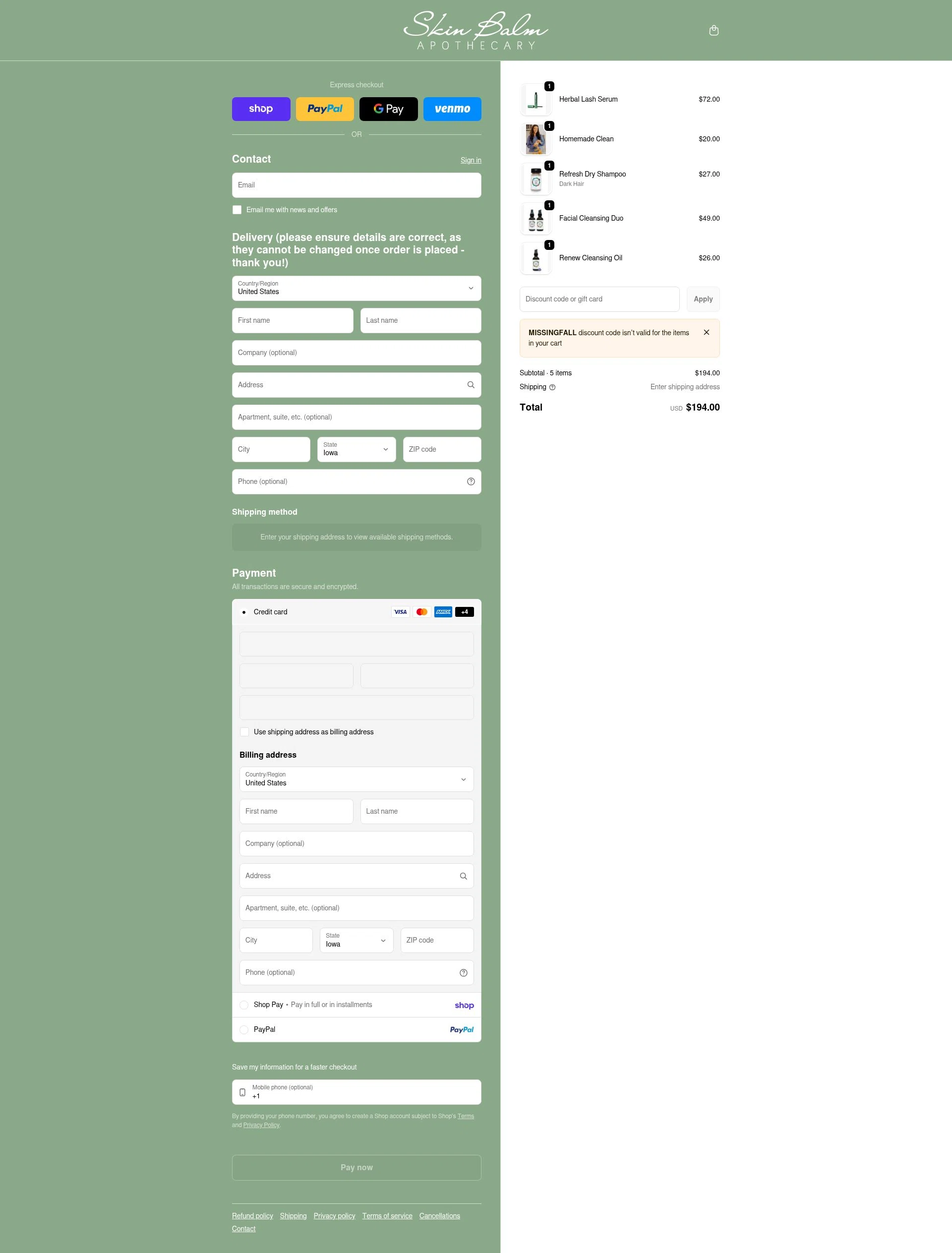 Skin Balm Apothecary checkout page showing Skin Balm Apothecary discount code box | Screenshot taken by SimplyCodes community member on Jan 30, 2026