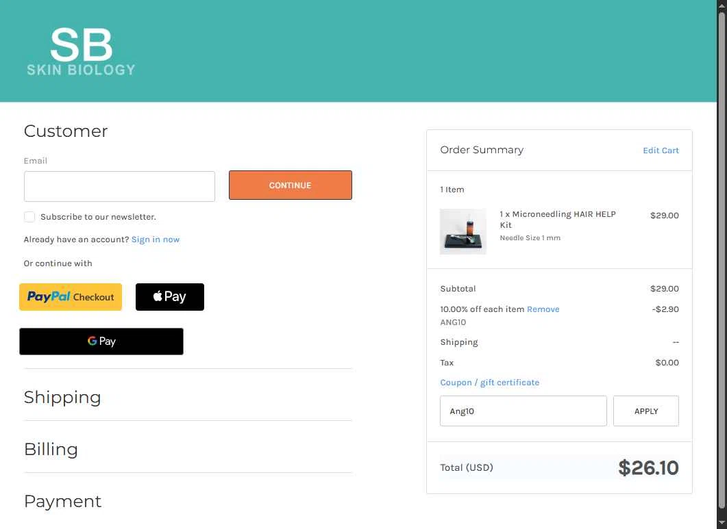 Skin Biology checkout page showing Skin Biology coupon code box | Screenshot taken by SimplyCodes community member on Dec 15, 2025