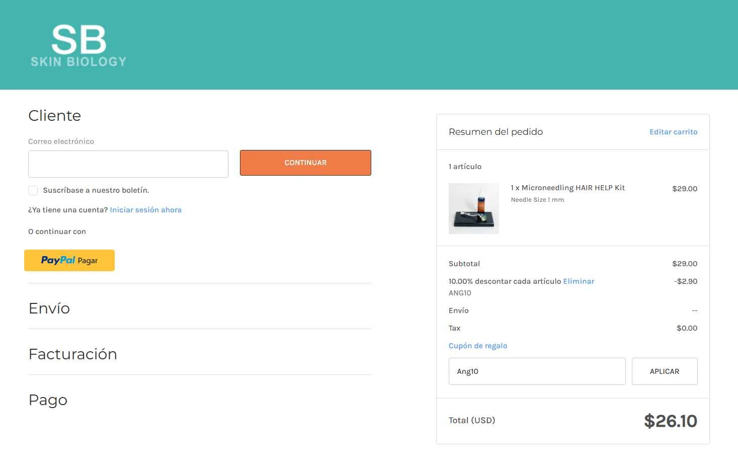 Skin Biology checkout page showing Skin Biology coupon code box | Screenshot taken by SimplyCodes community member on Aug 21, 2025