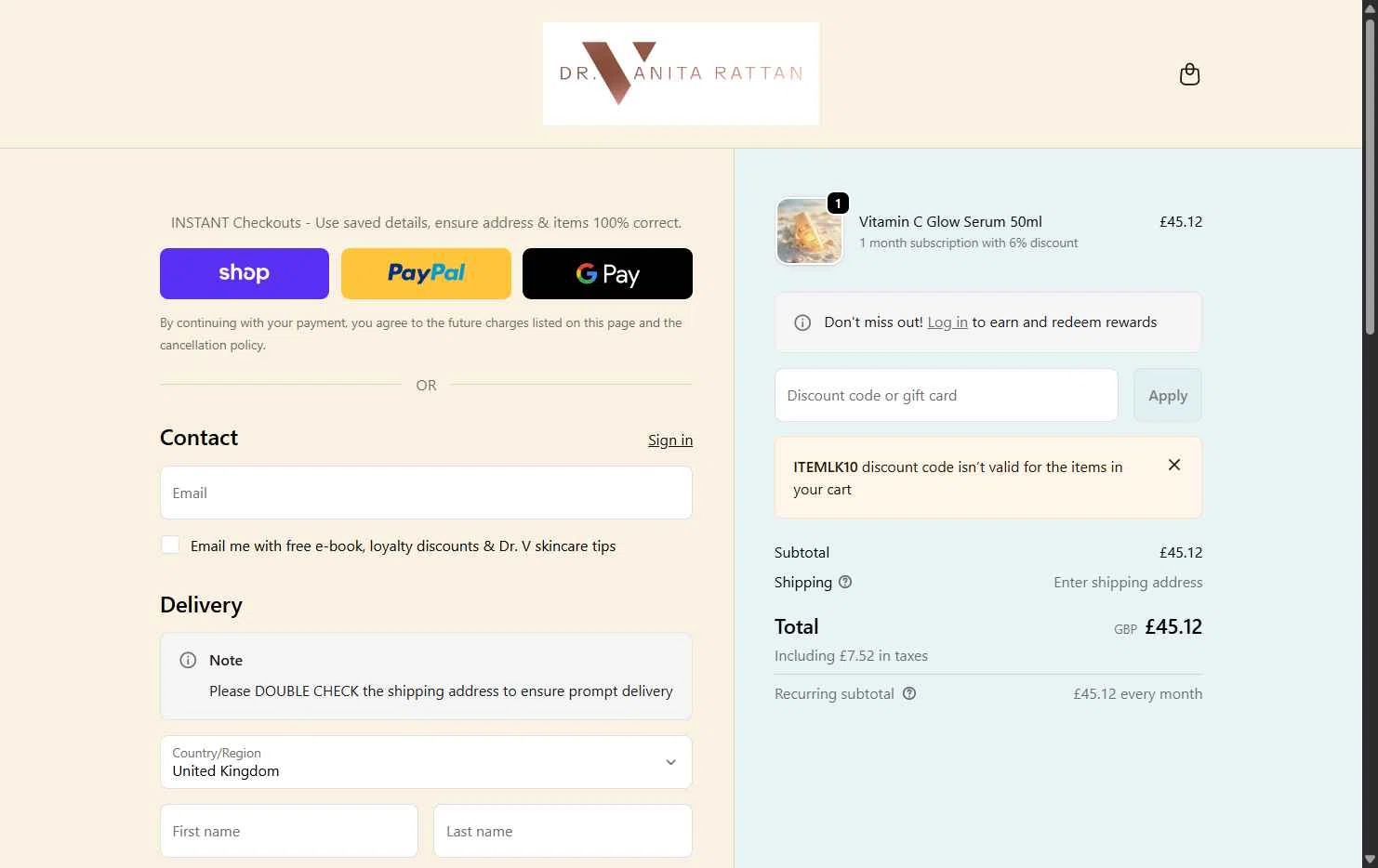 Skincare by Dr V checkout page showing Skincare by Dr V discount code box | Screenshot taken by SimplyCodes community member on Feb 7, 2026