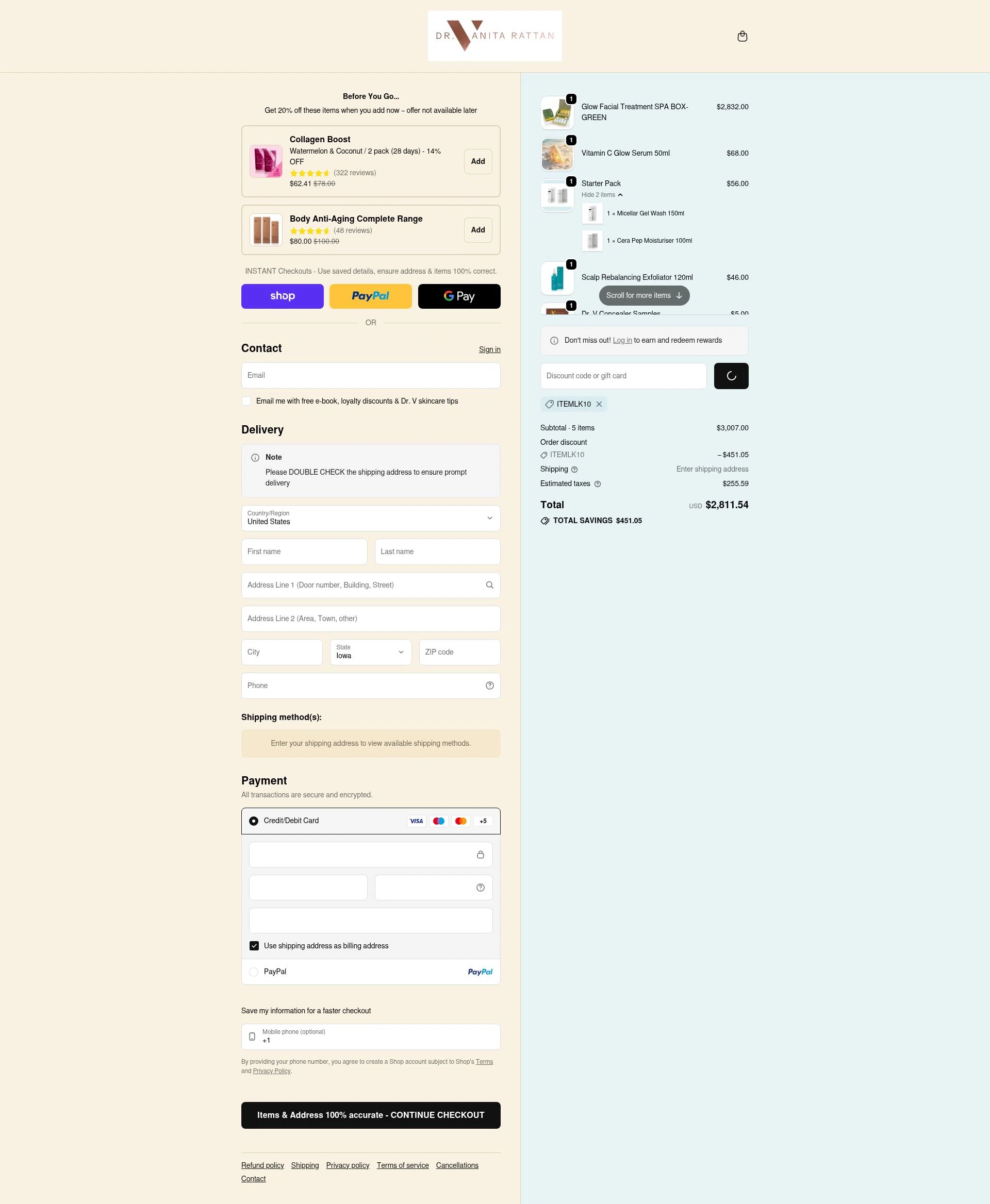 Skincare by Dr V checkout page showing Skincare by Dr V discount code box | Screenshot taken by SimplyCodes community member on Feb 15, 2026