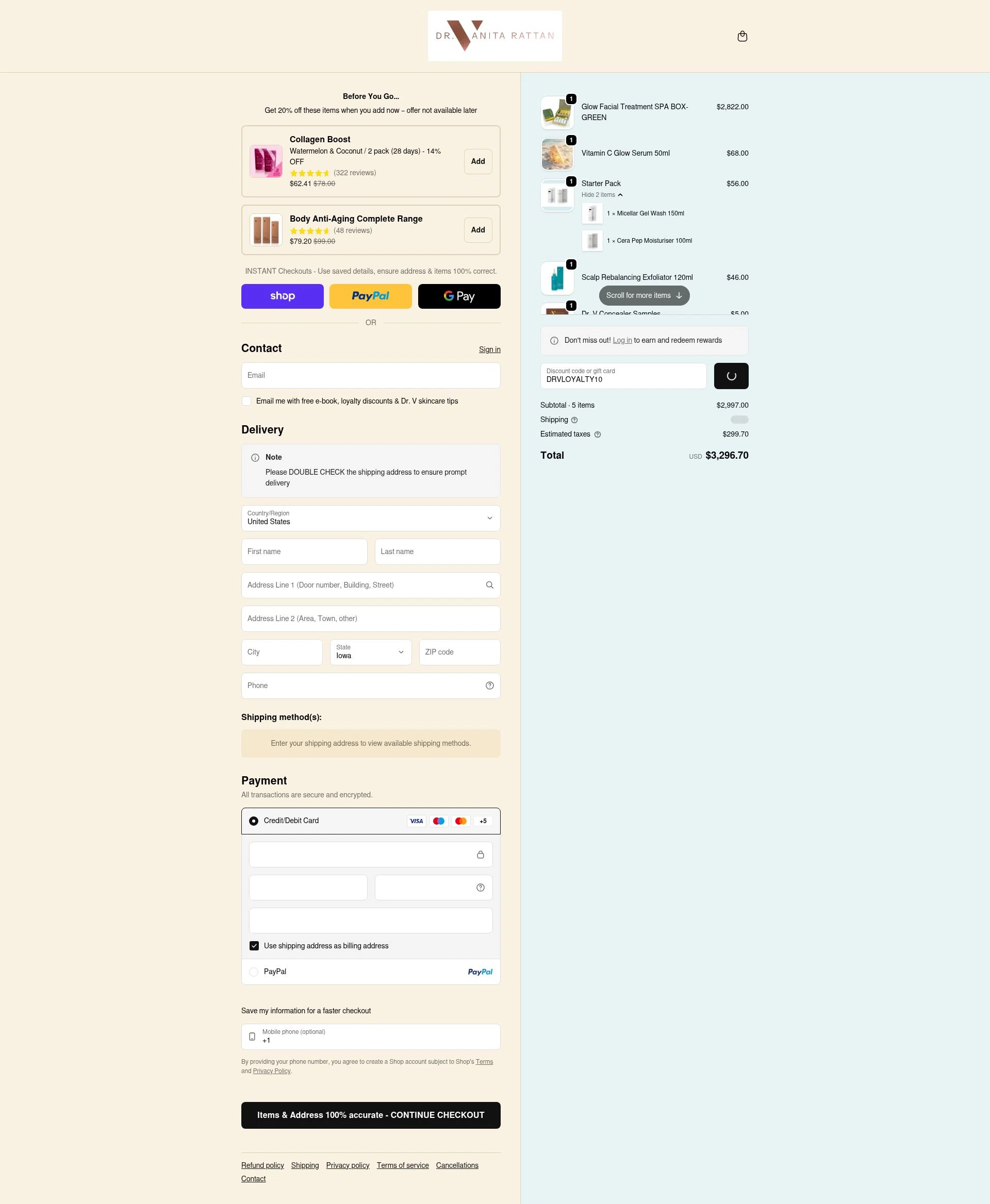 Skincare by Dr V checkout page showing Skincare by Dr V discount code box | Screenshot taken by SimplyCodes community member on Feb 9, 2026