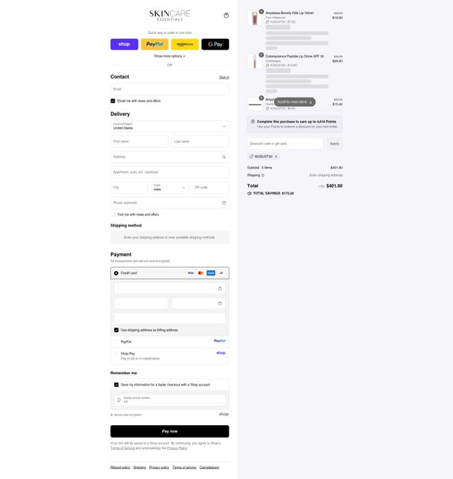 Skincare Essentials checkout page showing Skincare Essentials promo code box | Screenshot taken by SimplyCodes community member on Sep 15, 2025