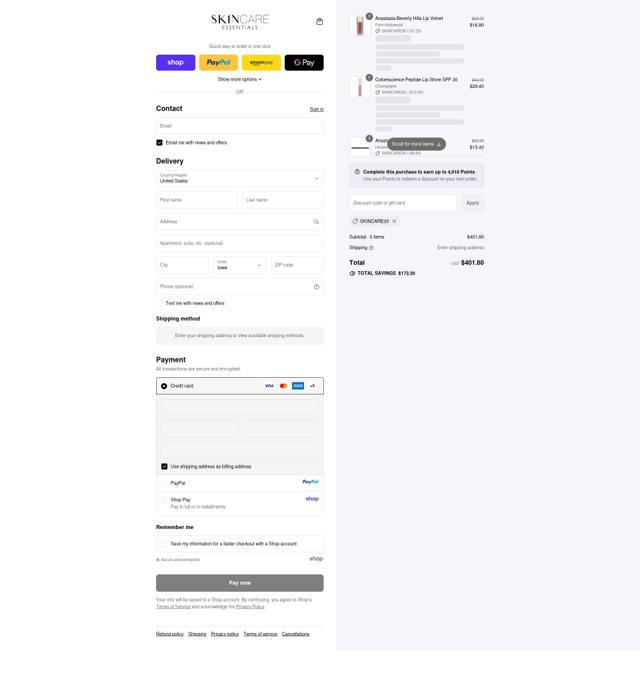 Skincare Essentials checkout page showing Skincare Essentials promo code box | Screenshot taken by SimplyCodes community member on Sep 15, 2025