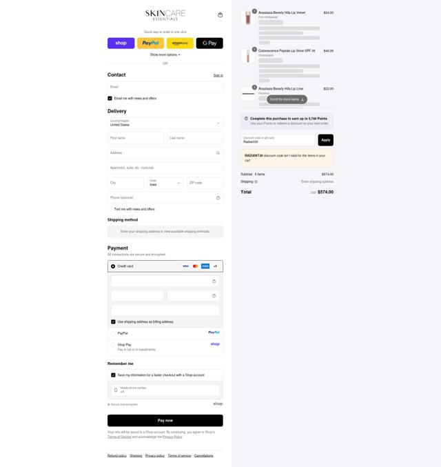 Skincare Essentials checkout page showing Skincare Essentials promo code box | Screenshot taken by SimplyCodes community member on Sep 15, 2025