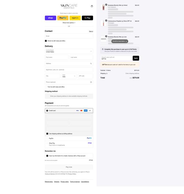 Skincare Essentials checkout page showing Skincare Essentials promo code box | Screenshot taken by SimplyCodes community member on Sep 15, 2025