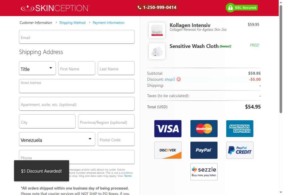 Skinception checkout page showing Skinception coupon code box | Screenshot taken by SimplyCodes community member on Jun 21, 2025
