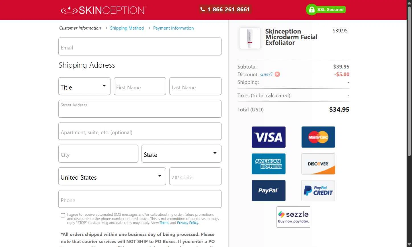 Skinception checkout page showing Skinception coupon code box | Screenshot taken by SimplyCodes community member on Jul 7, 2025