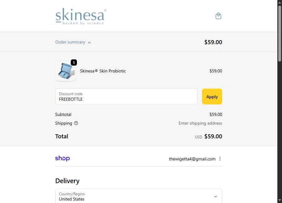 Skinesa checkout page showing Skinesa discount code box | Screenshot taken by SimplyCodes community member on Feb 21, 2026