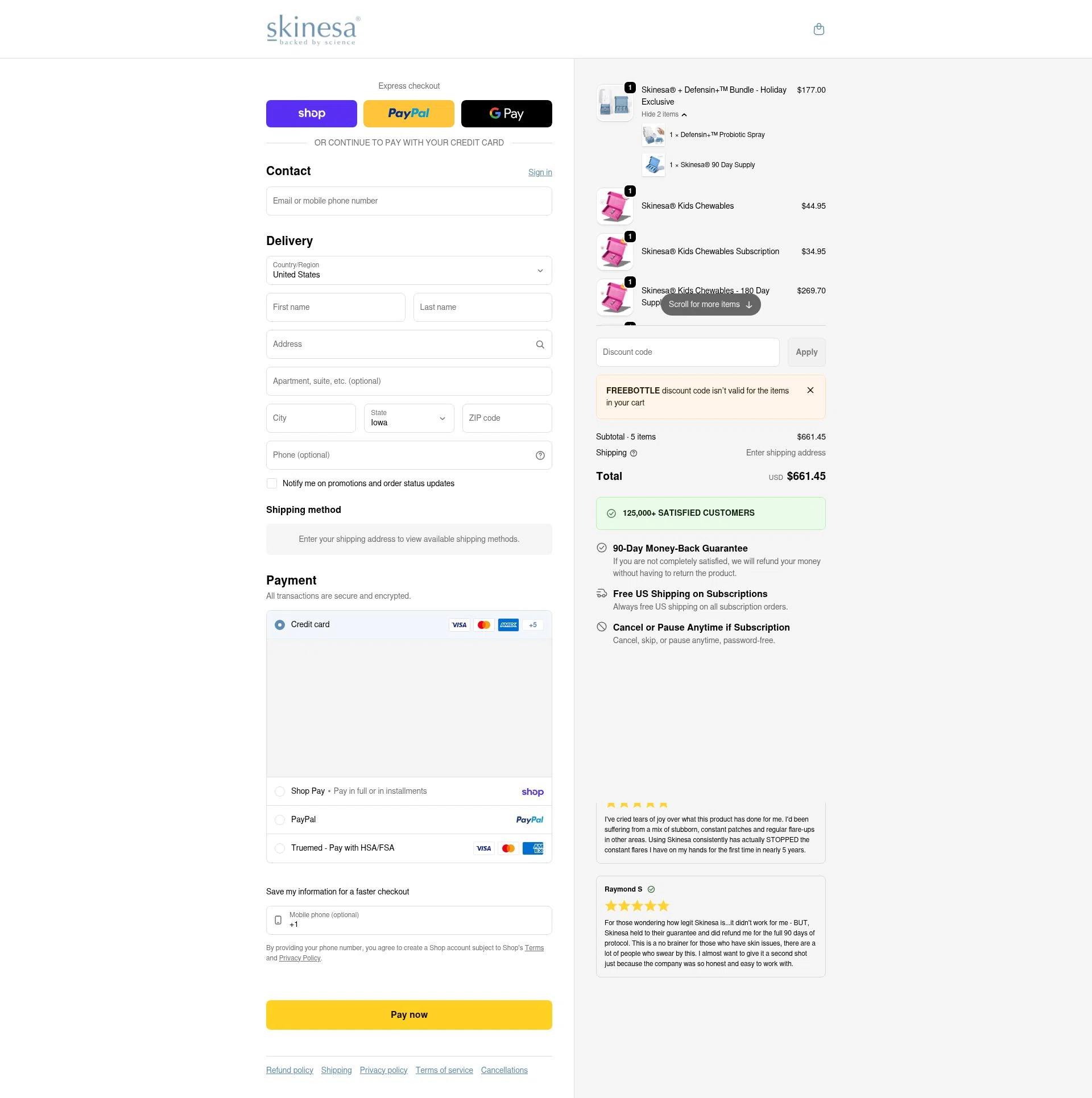 Skinesa checkout page showing Skinesa discount code box | Screenshot taken by SimplyCodes community member on Feb 19, 2026