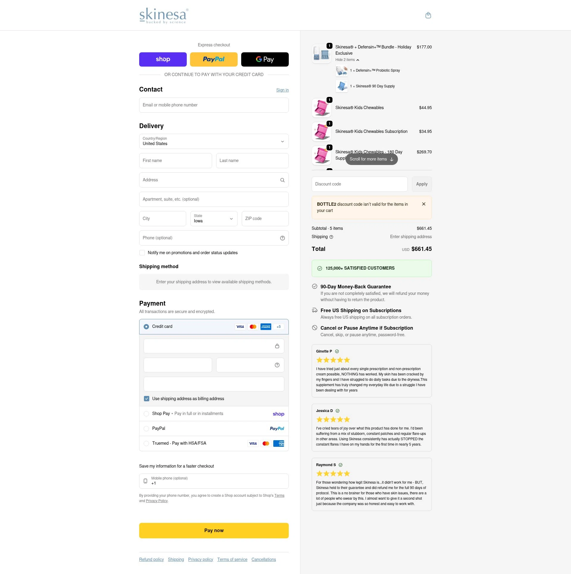 Skinesa checkout page showing Skinesa discount code box | Screenshot taken by SimplyCodes community member on Feb 19, 2026