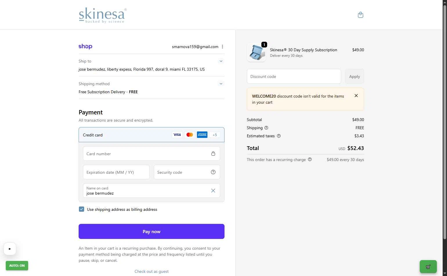 Skinesa checkout page showing Skinesa discount code box | Screenshot taken by SimplyCodes community member on Feb 20, 2026