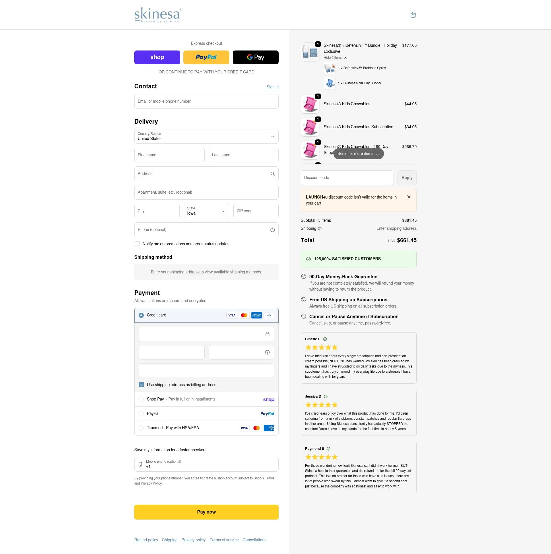 Skinesa checkout page showing Skinesa discount code box | Screenshot taken by SimplyCodes community member on Feb 19, 2026