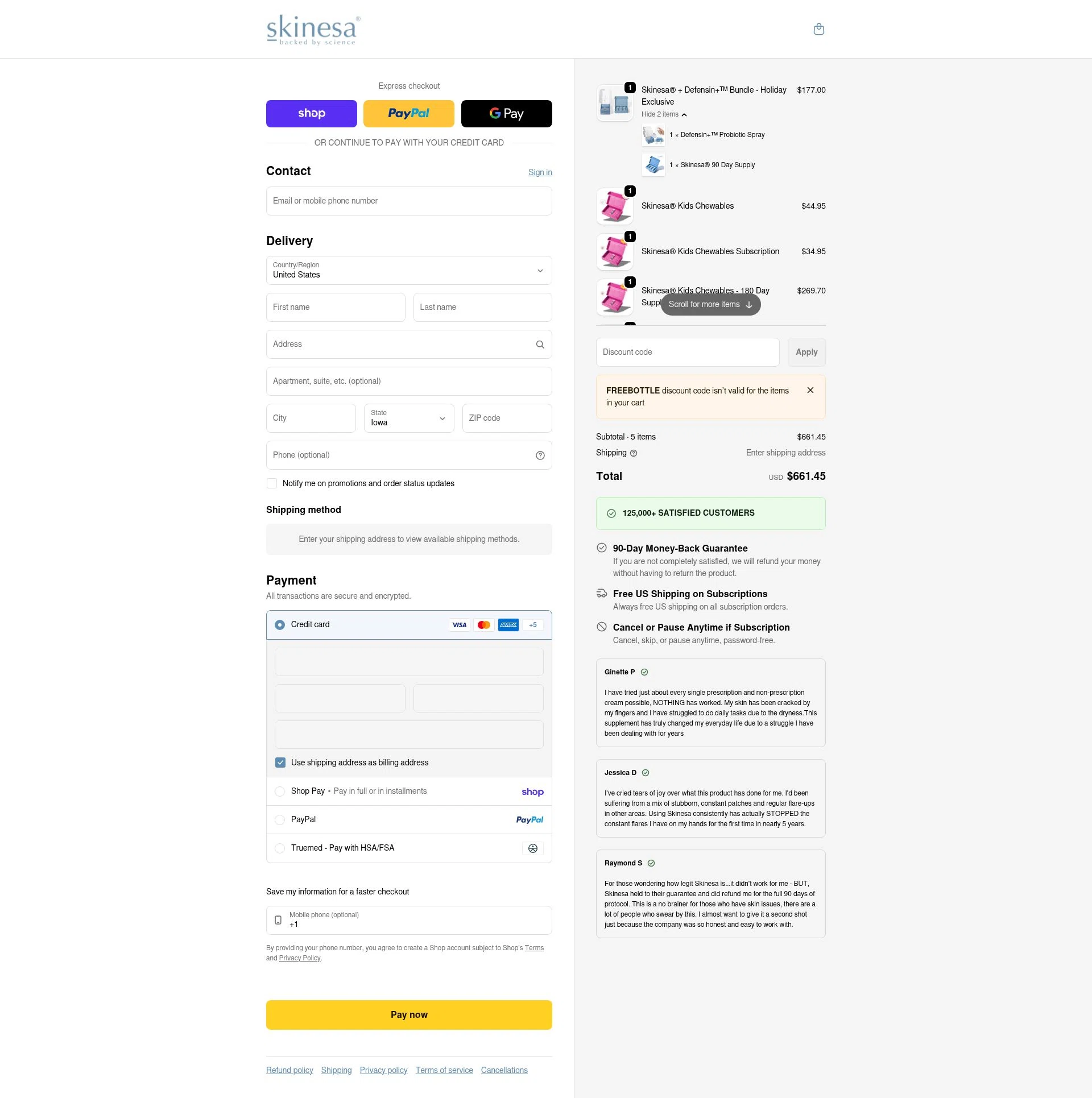 Skinesa checkout page showing Skinesa discount code box | Screenshot taken by SimplyCodes community member on Feb 20, 2026