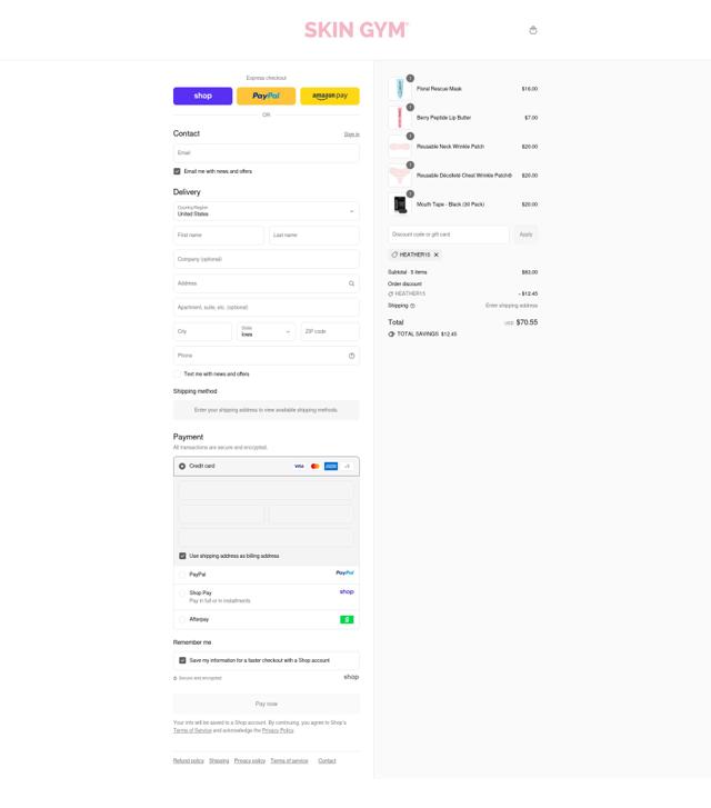 Skin Gym checkout page showing Skin Gym promo code box | Screenshot taken by SimplyCodes community member on Sep 12, 2025