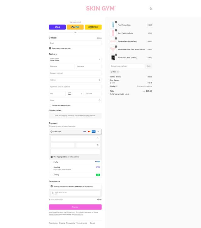 Skin Gym checkout page showing Skin Gym promo code box | Screenshot taken by SimplyCodes community member on Sep 12, 2025