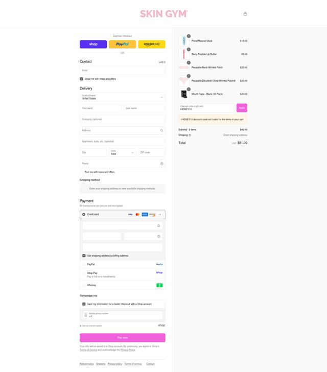 Skin Gym checkout page showing Skin Gym promo code box | Screenshot taken by SimplyCodes community member on Sep 8, 2025