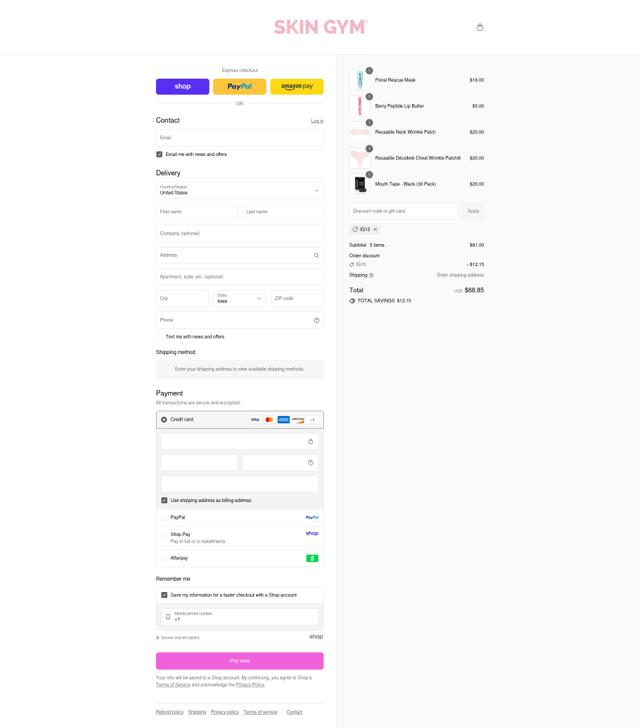 Skin Gym checkout page showing Skin Gym promo code box | Screenshot taken by SimplyCodes community member on Sep 8, 2025