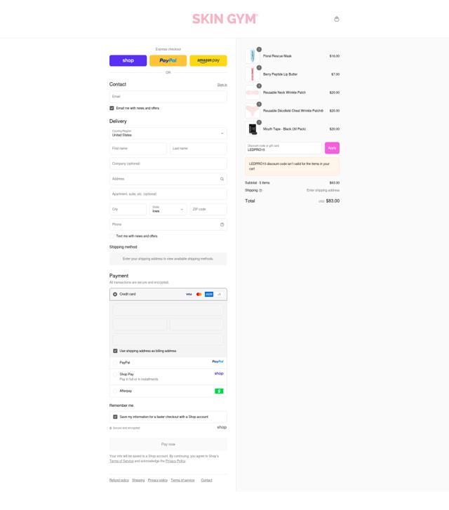 Skin Gym checkout page showing Skin Gym promo code box | Screenshot taken by SimplyCodes community member on Sep 12, 2025
