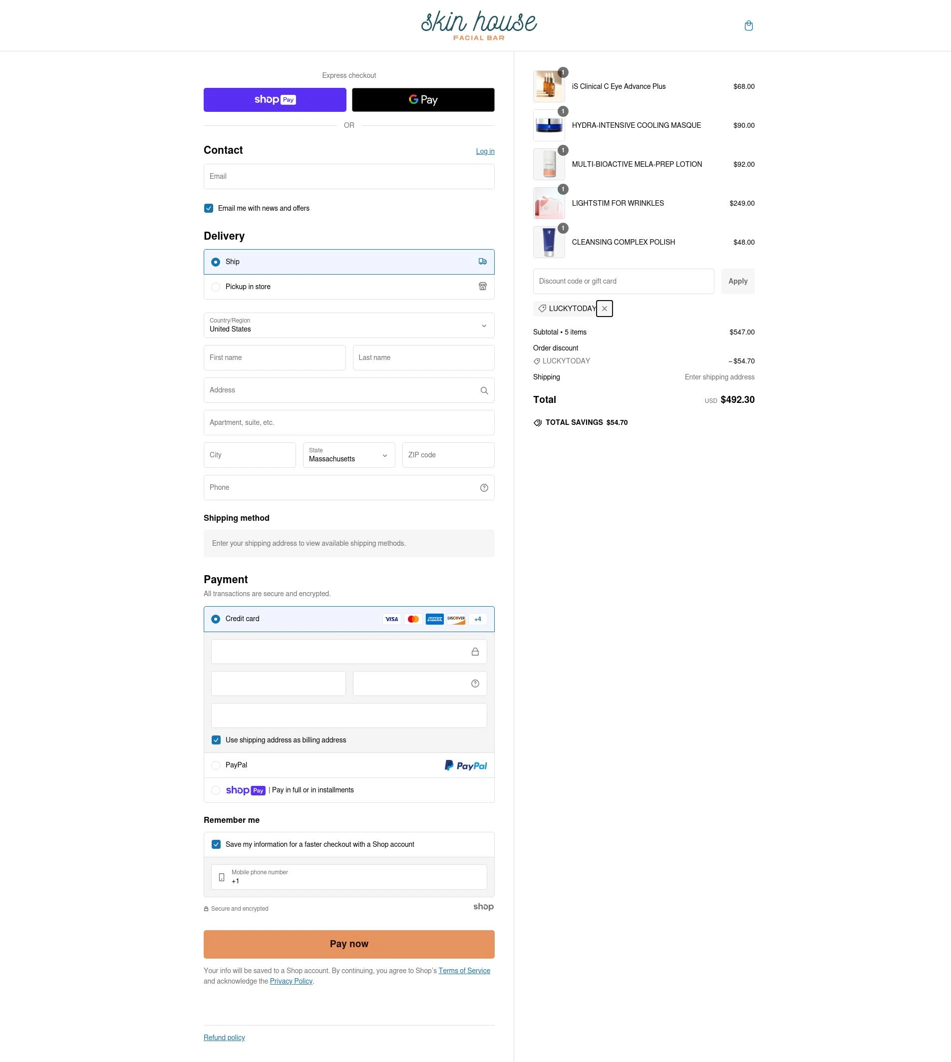 Skin House Facial Bar checkout page showing Skin House Facial Bar promo code box | Screenshot taken by SimplyCodes community member on Jan 5, 2025